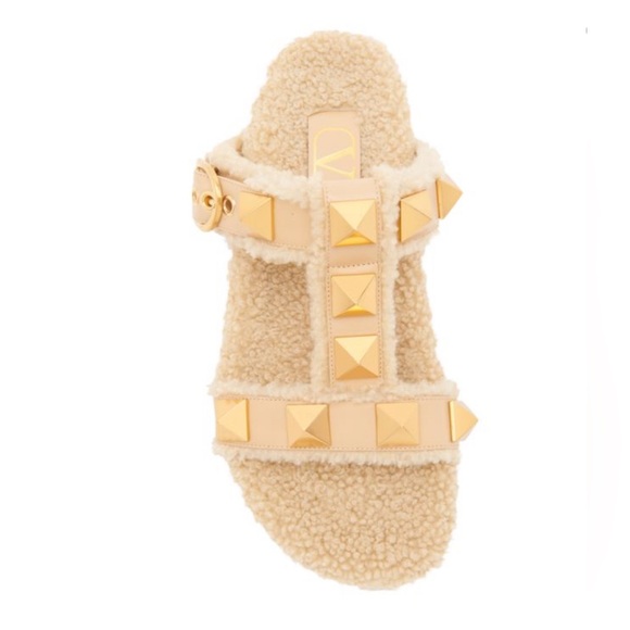 NIB Valentino Garavani Roman Stud Faux Shearling Slide Sandal Slippers Beige 5.5 - Picture 5 of 7